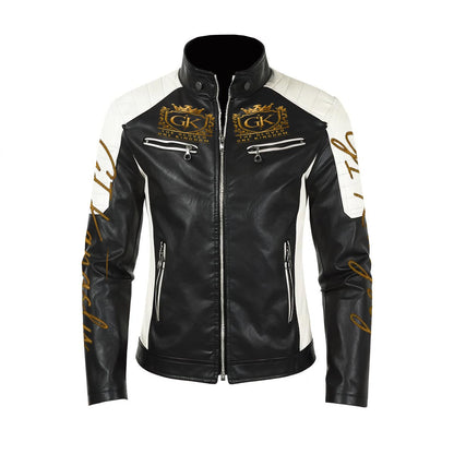 Men's Stand-up Collar Block Slim-fit Leather Jacket (DTF)