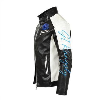 Men's Stand-up Collar Block Slim-fit Leather Jacket (DTF)