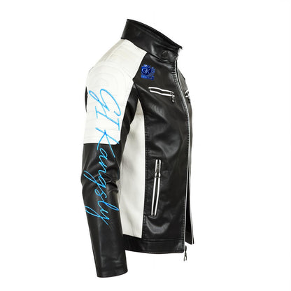 Men's Stand-up Collar Block Slim-fit Leather Jacket (DTF)