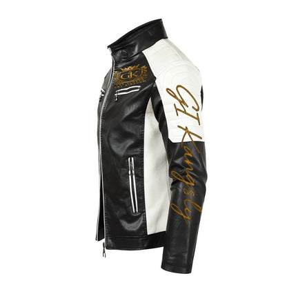Men's Stand-up Collar Block Slim-fit Leather Jacket (DTF)