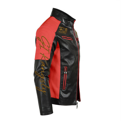 Men's Stand-up Collar Block Slim-fit Leather Jacket (DTF)